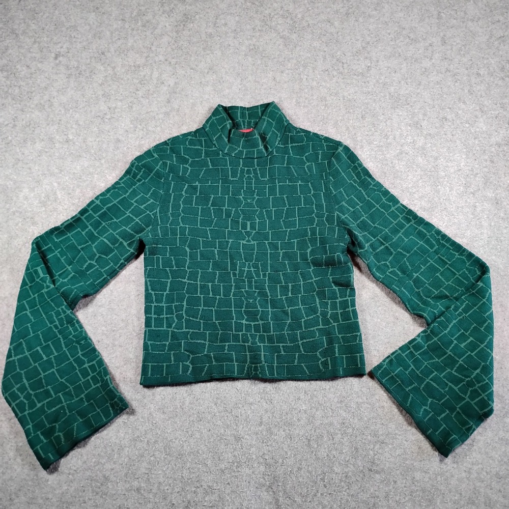 STAUD Women Green Anders Textured Mock Neck Long Sleeve‎ Cropped Top Size M